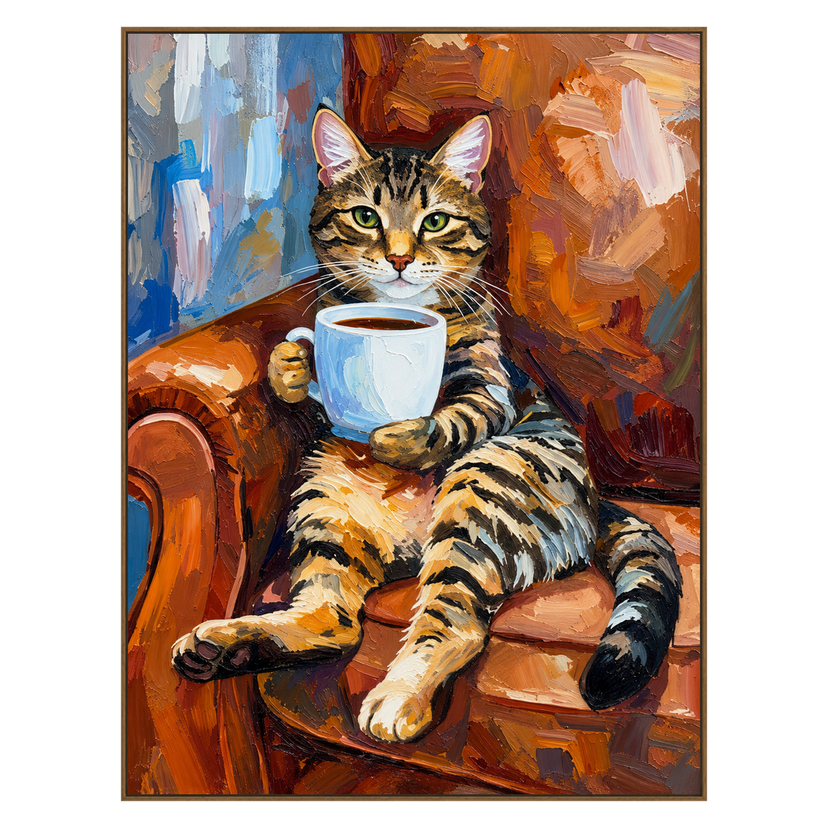 Tabby Espresso artwork in a natural wood frame on a transparent background.