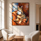 Tabby Espresso artwork displayed above two cream armchairs.