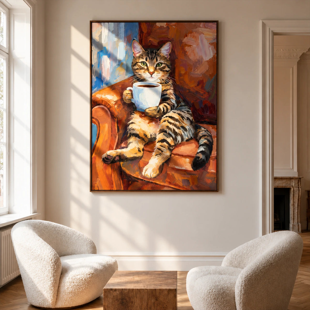 Tabby Espresso artwork displayed above two cream armchairs.