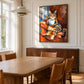 Tabby Espresso artwork displayed above a wood sideboard beside a dining table.