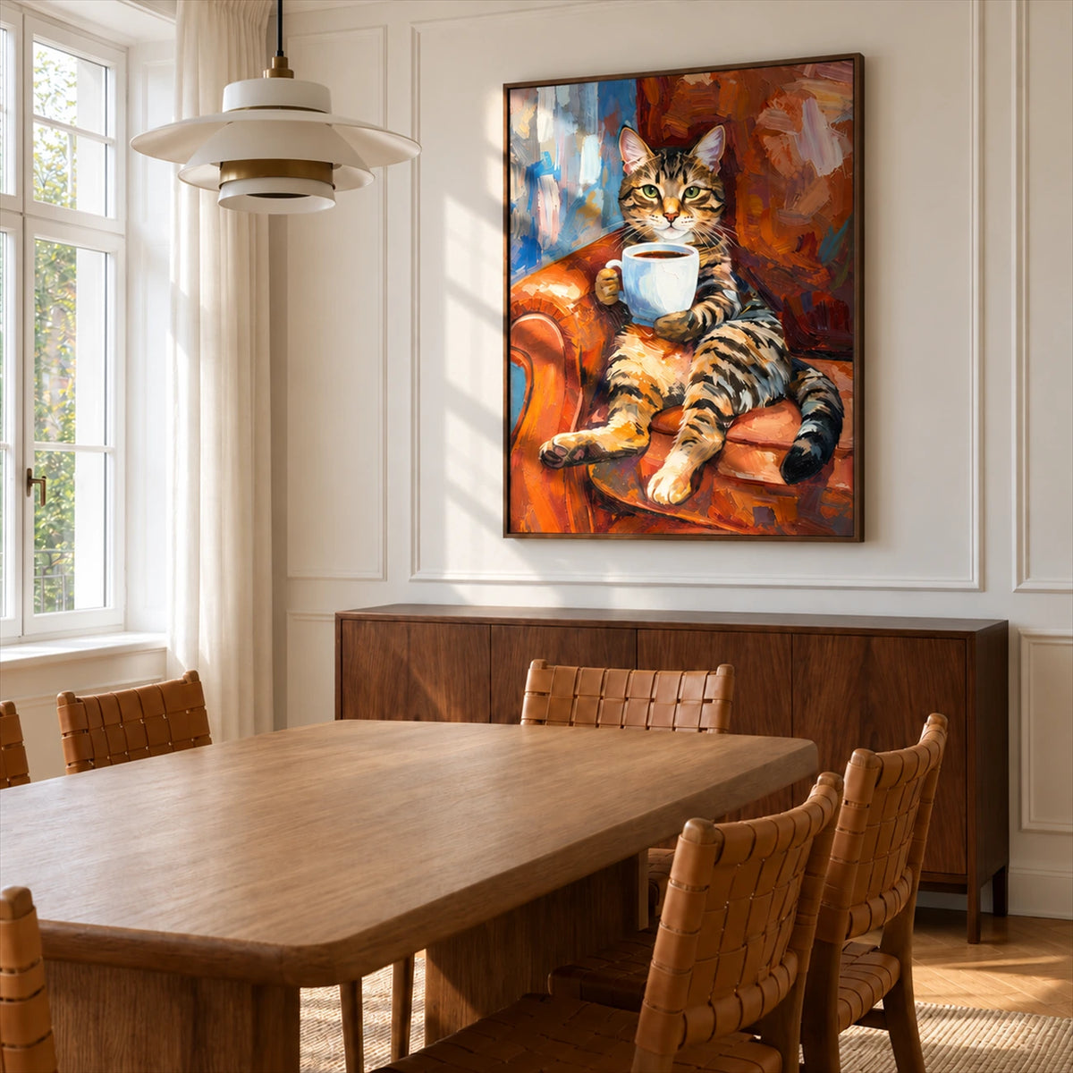 Tabby Espresso artwork displayed above a wood sideboard beside a dining table.