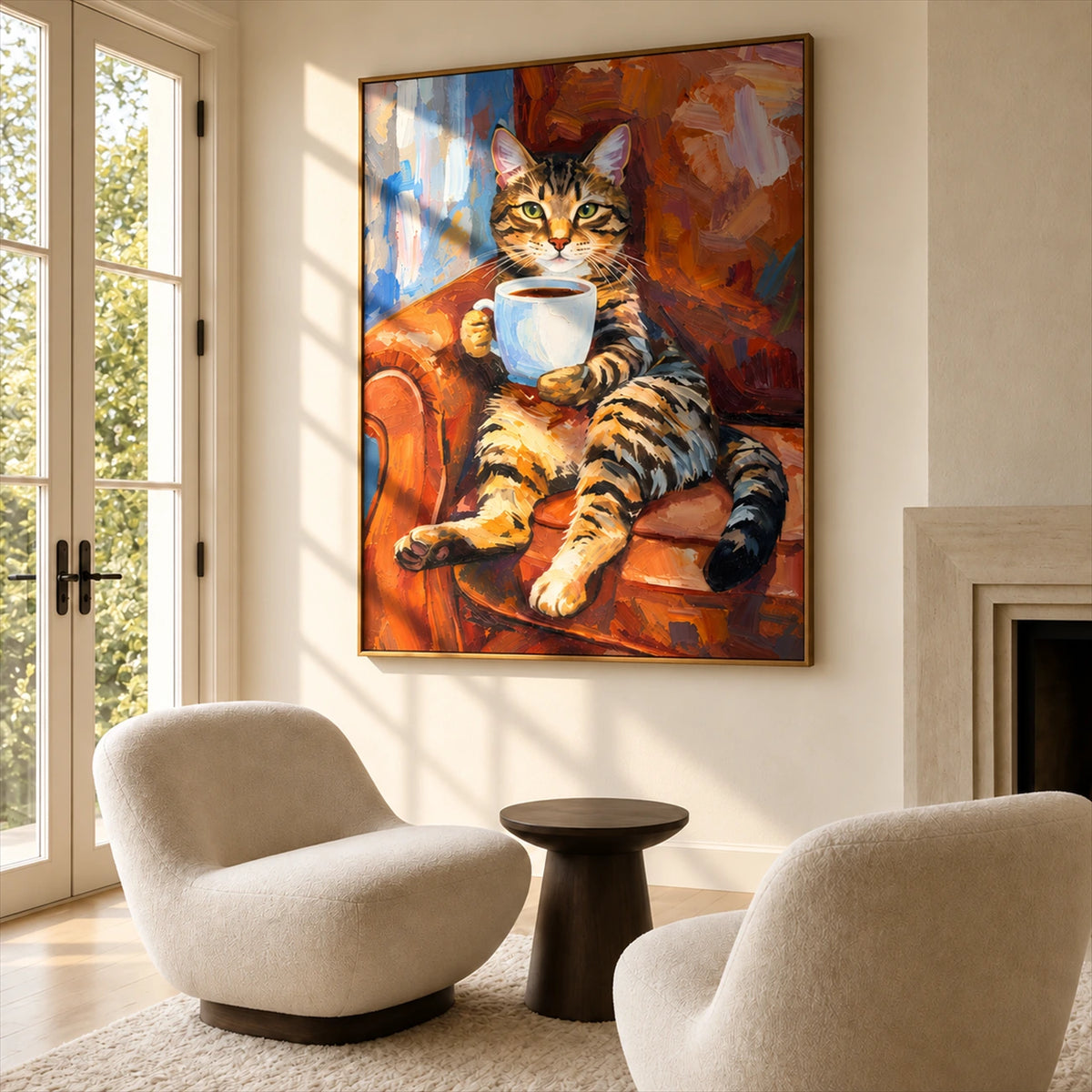 Tabby Espresso artwork displayed above cream lounge chairs beside a fireplace.