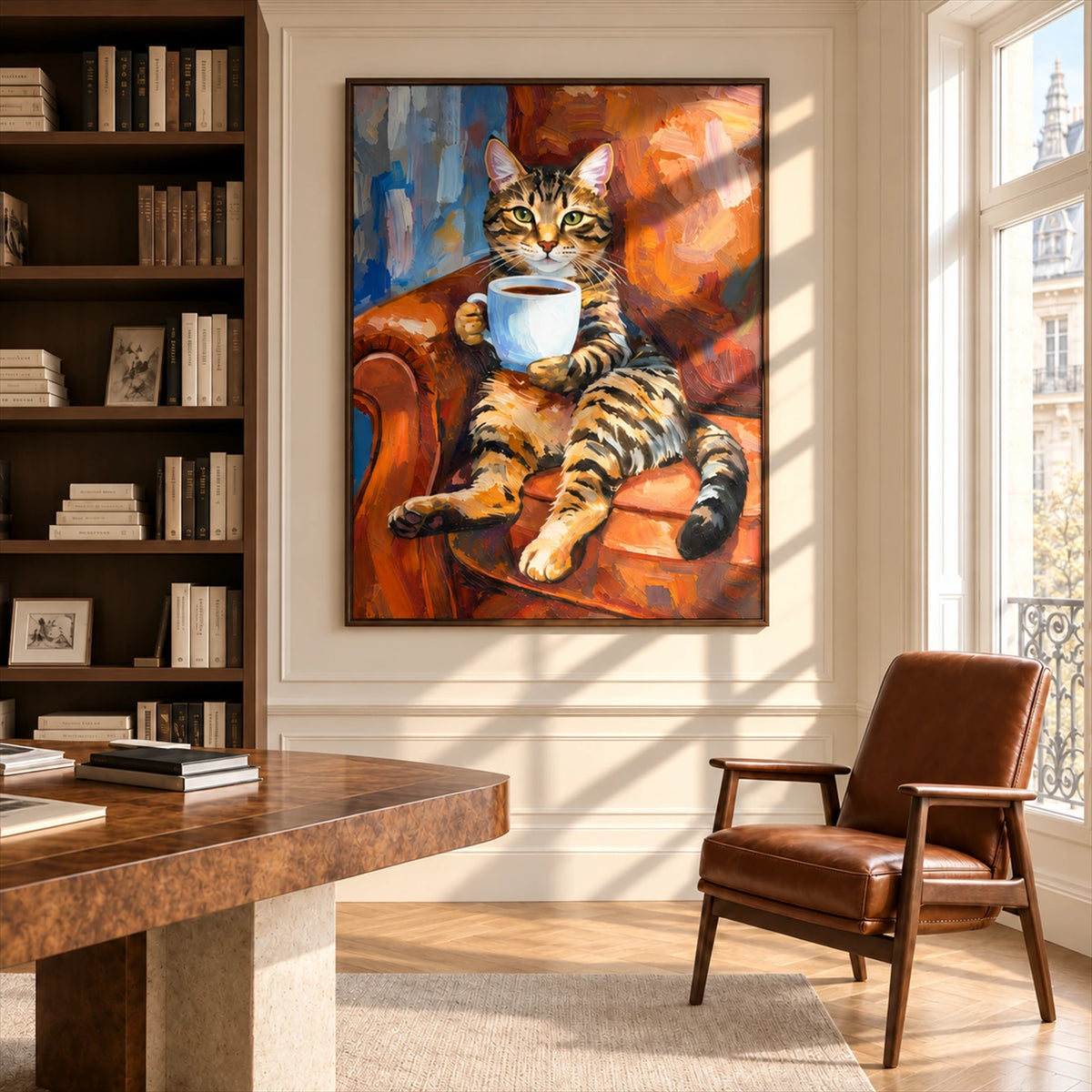Tabby Espresso artwork displayed beside bookshelves and a wood desk.