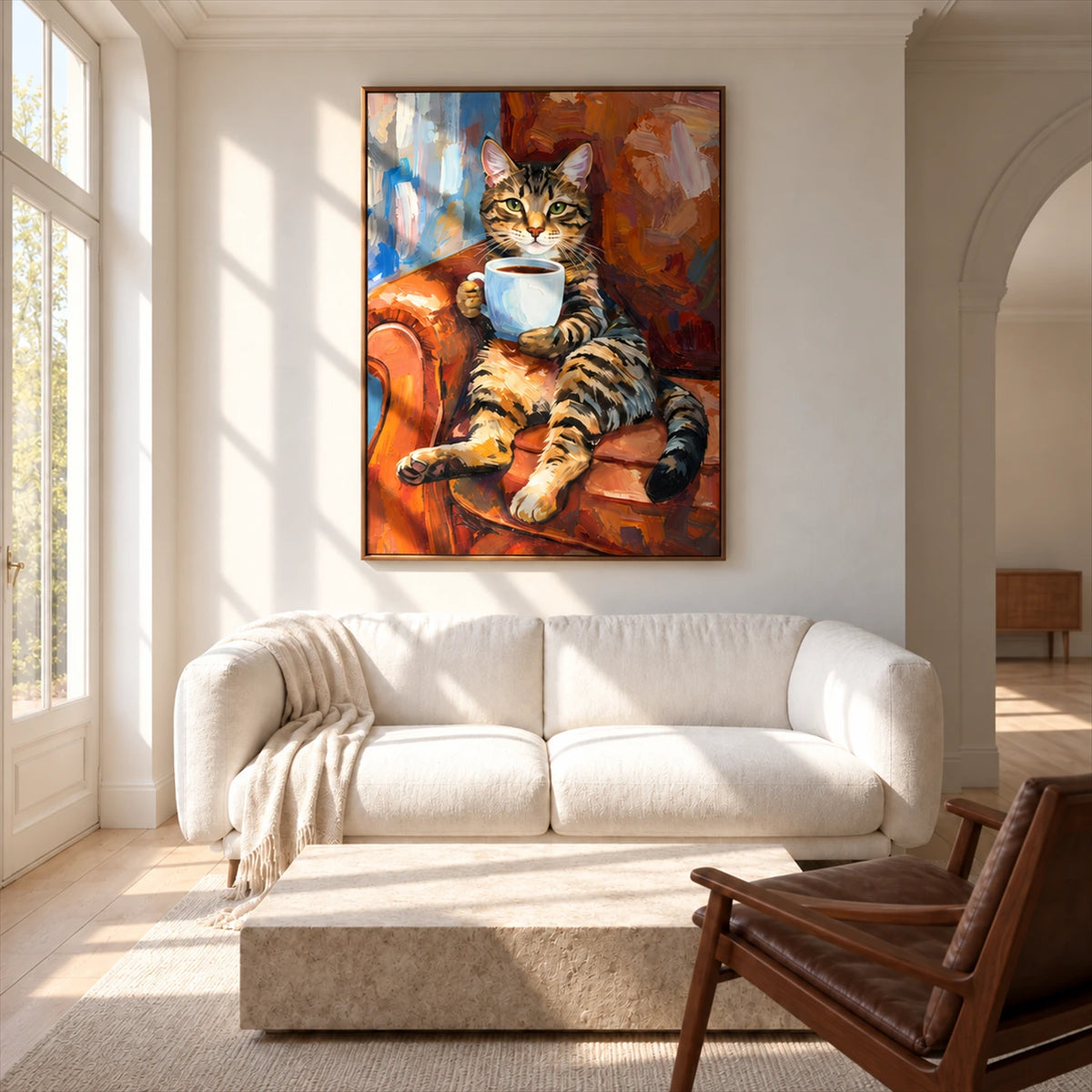 Tabby Espresso artwork displayed above a cream sofa in a sunlit living room.