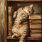 Bookish Dreams full artwork. A sleepy tabby reclines between rows of weathered books, its head resting on a small stack.