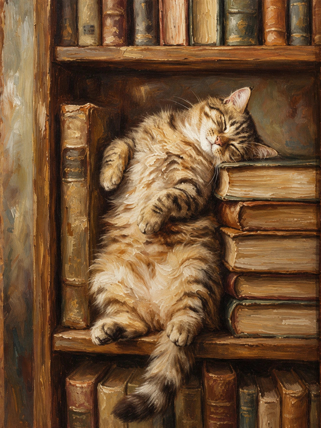Bookish Dreams full artwork. A sleepy tabby reclines between rows of weathered books, its head resting on a small stack.