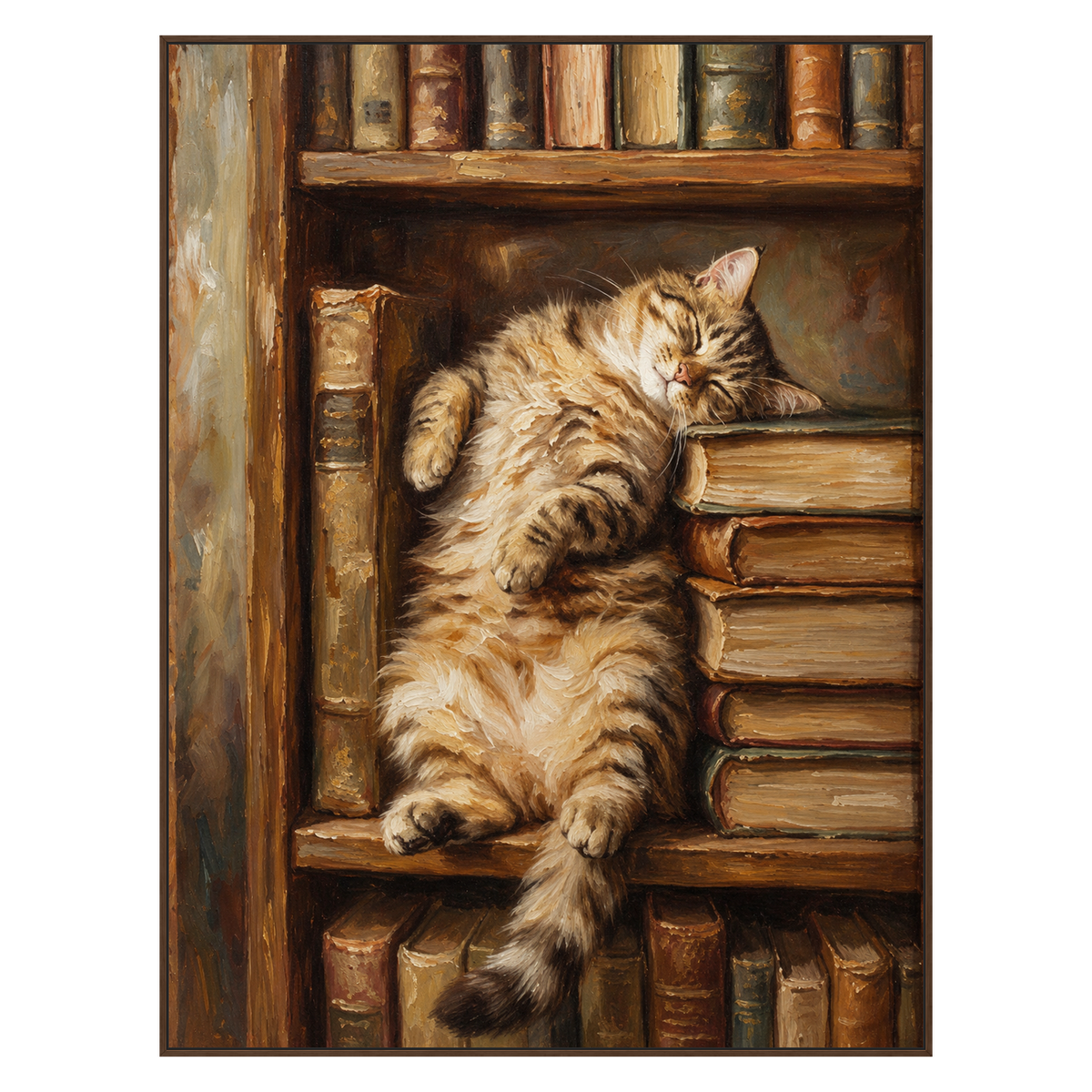 Bookish Dreams artwork in a warm brown wood frame on a transparent background.