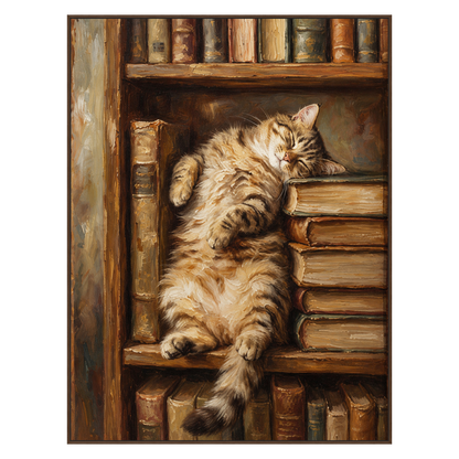 Bookish Dreams artwork in a warm brown wood frame on a transparent background.
