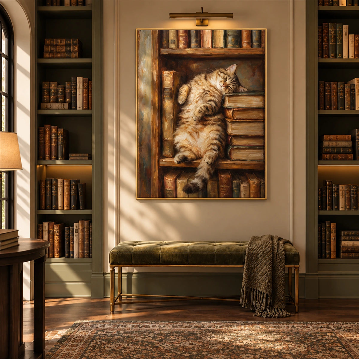 Bookish Dreams artwork displayed above a green bench between bookcases.