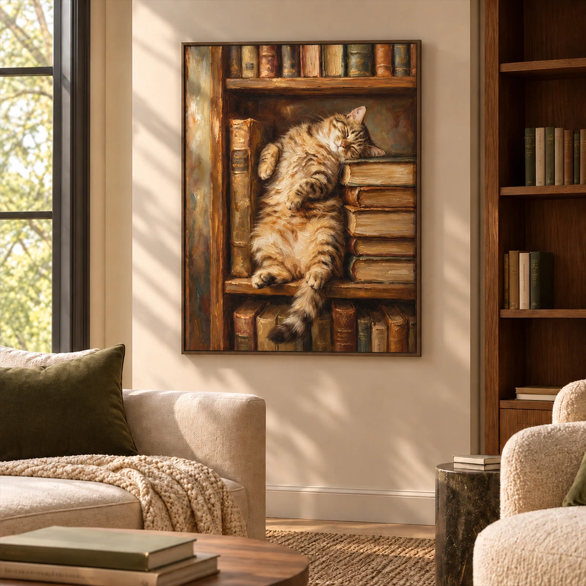 Bookish Dreams artwork displayed beside cream seating and bookshelves.