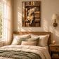Bookish Dreams artwork displayed above a bed with green and cream linens.