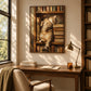 Bookish Dreams artwork displayed above a wood desk beside a tall window.