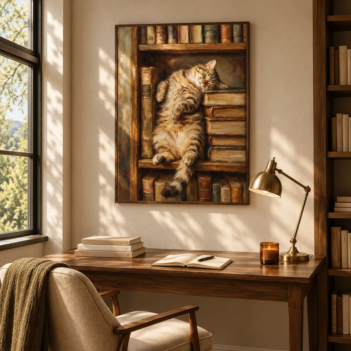 Bookish Dreams artwork displayed above a wood desk beside a tall window.