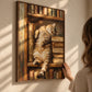 Bookish Dreams artwork displayed on a sunlit wall beside a person admiring the painting.