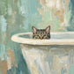 Bathside Peek full artwork. A curious tabby peeks over the rim of a white bathtub, its bright eyes emerging from a wash of soft aqua and cream.