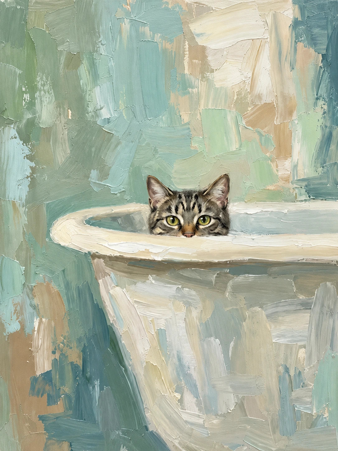 Bathside Peek full artwork. A curious tabby peeks over the rim of a white bathtub, its bright eyes emerging from a wash of soft aqua and cream.
