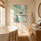 Bathside Peek artwork displayed beside a bathtub and wood vanity.