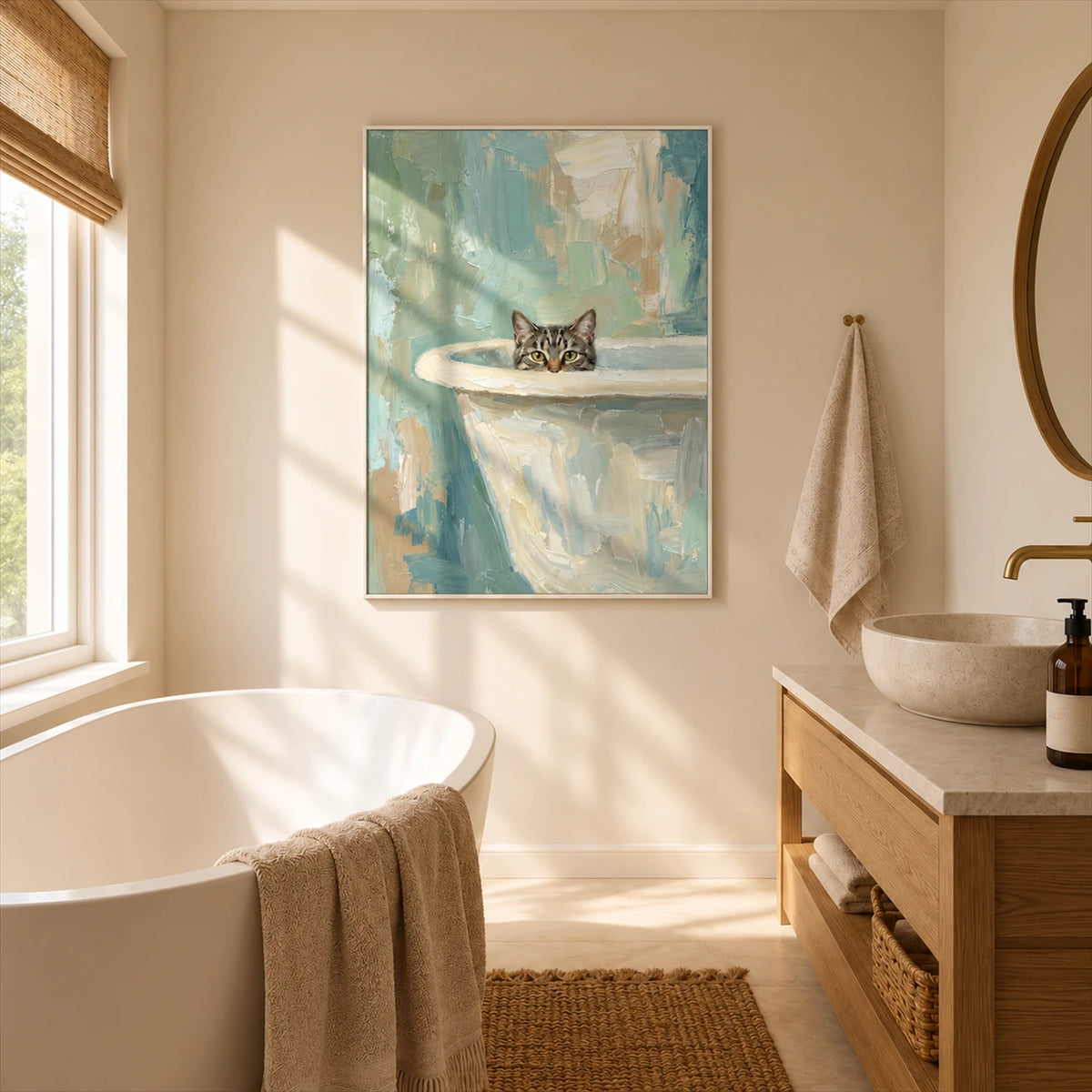Bathside Peek artwork displayed beside a bathtub and wood vanity.