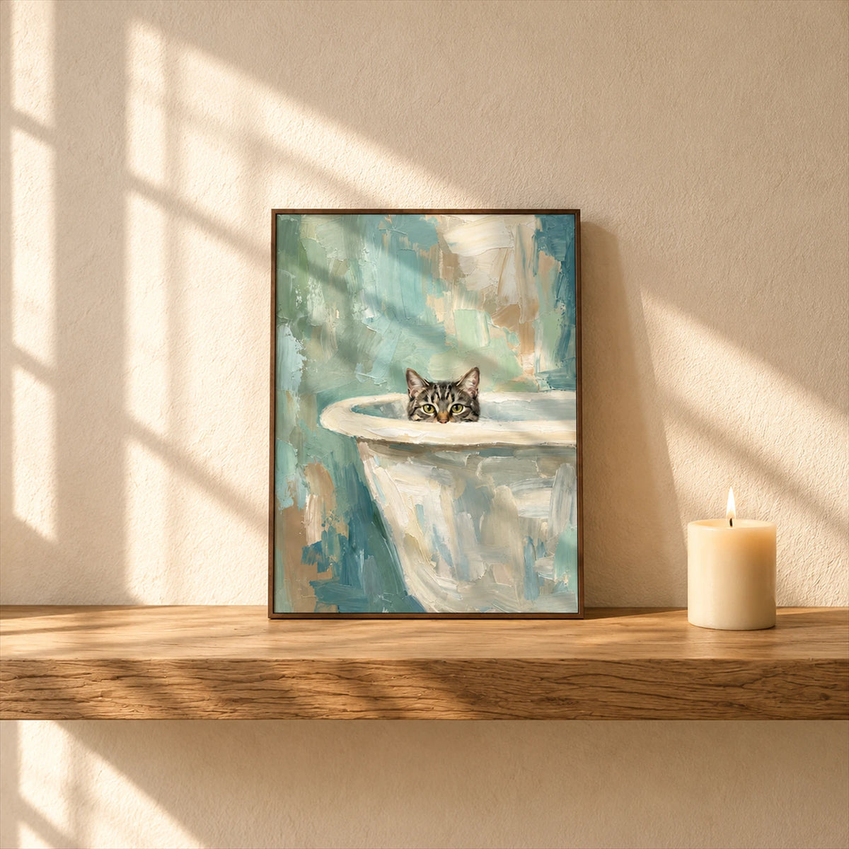 Bathside Peek artwork displayed leaning on a wood shelf beside a candle.