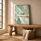 Bathside Peek artwork displayed above a rustic bench and woven basket.