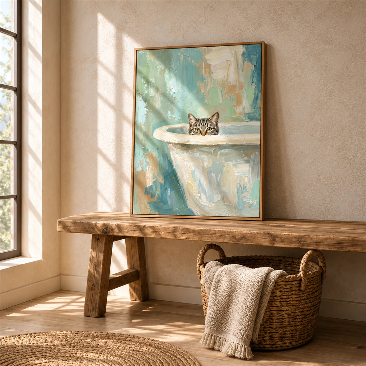 Bathside Peek artwork displayed above a rustic bench and woven basket.