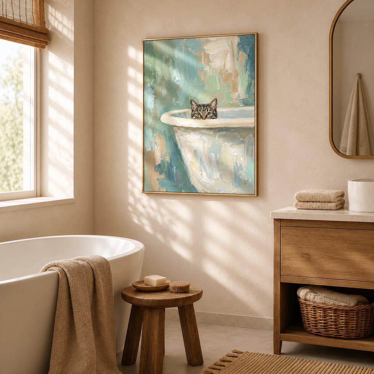 Bathside Peek artwork displayed beside a freestanding bathtub in a sunlit bathroom.