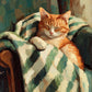Gingham Nap full artwork. A ginger cat dozes in an armchair, tucked beneath a green and ivory checked blanket.