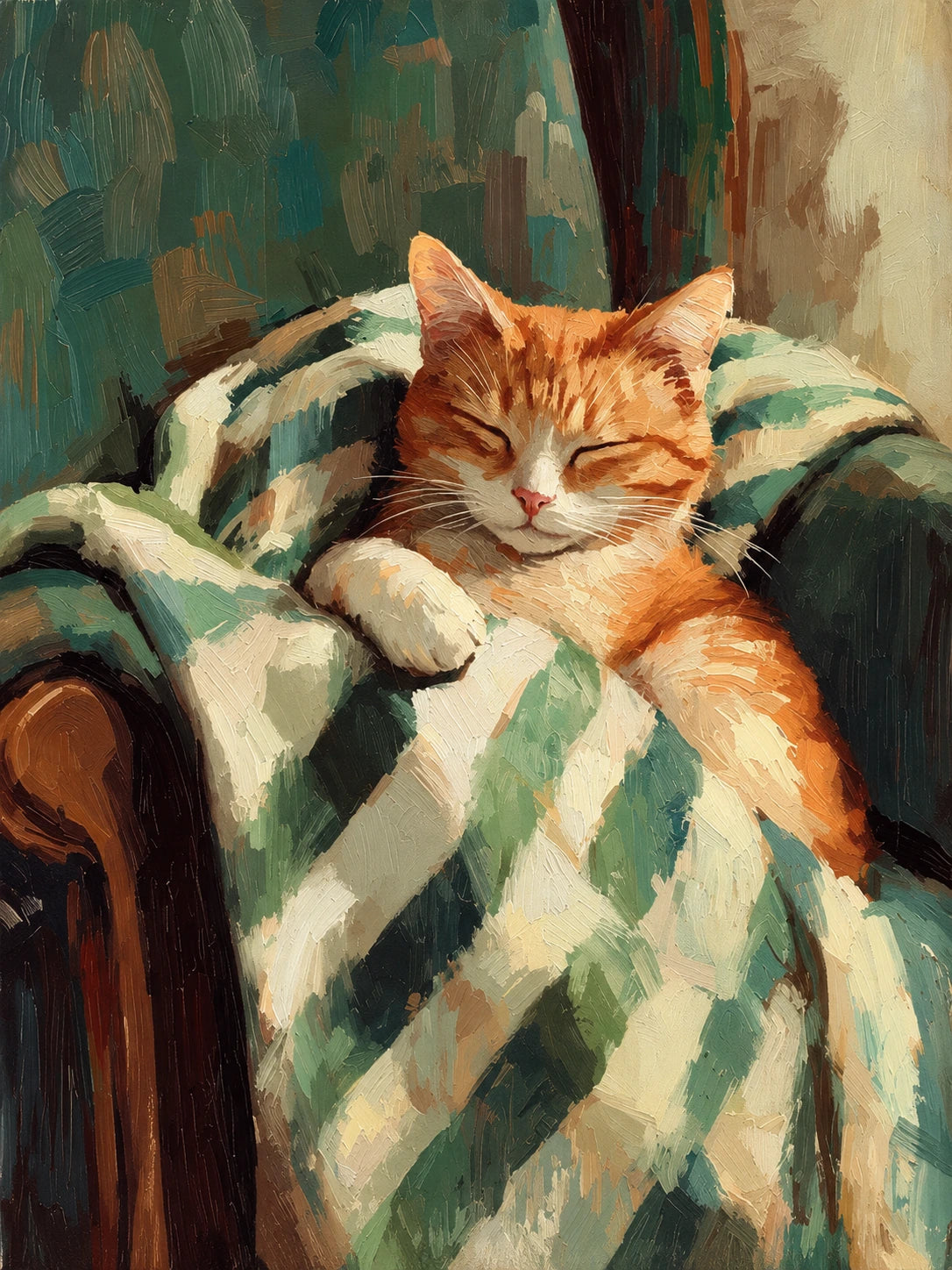 Gingham Nap full artwork. A ginger cat dozes in an armchair, tucked beneath a green and ivory checked blanket.
