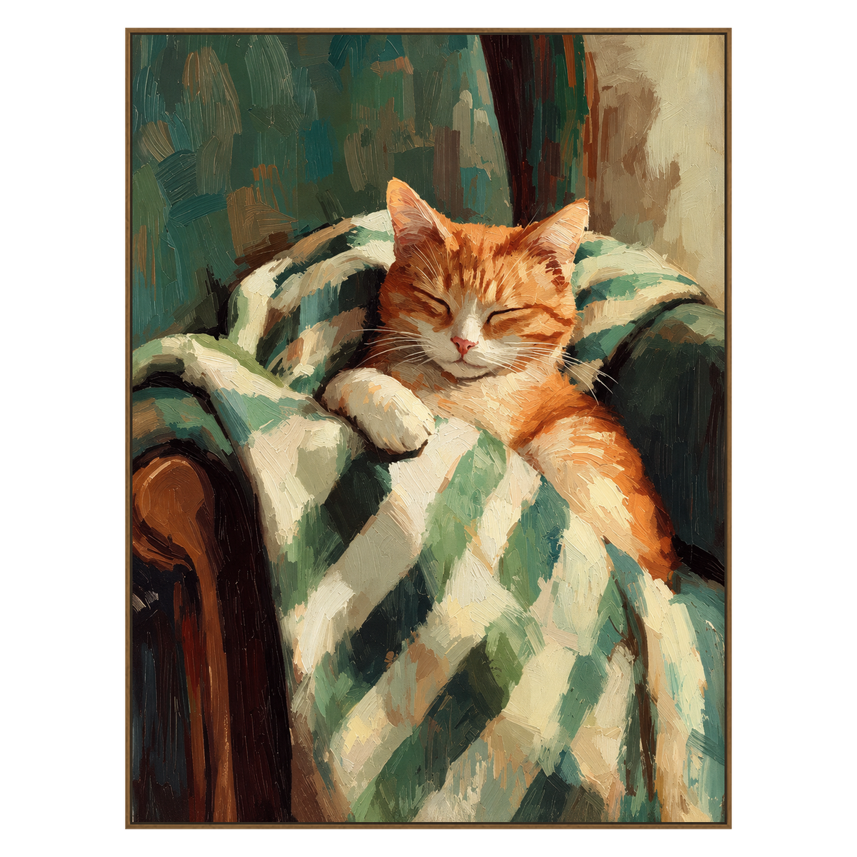 Gingham Nap artwork in a natural wood frame on a transparent background.