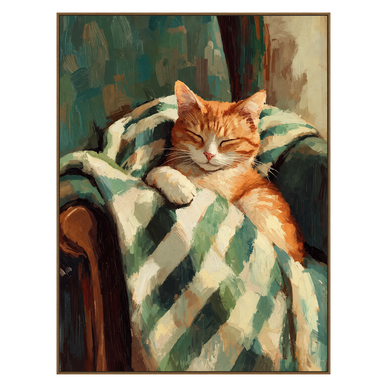 Gingham Nap artwork in a natural wood frame on a transparent background.