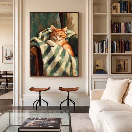 Gingham Nap artwork displayed above stools beside a bookcase in a bright living room.