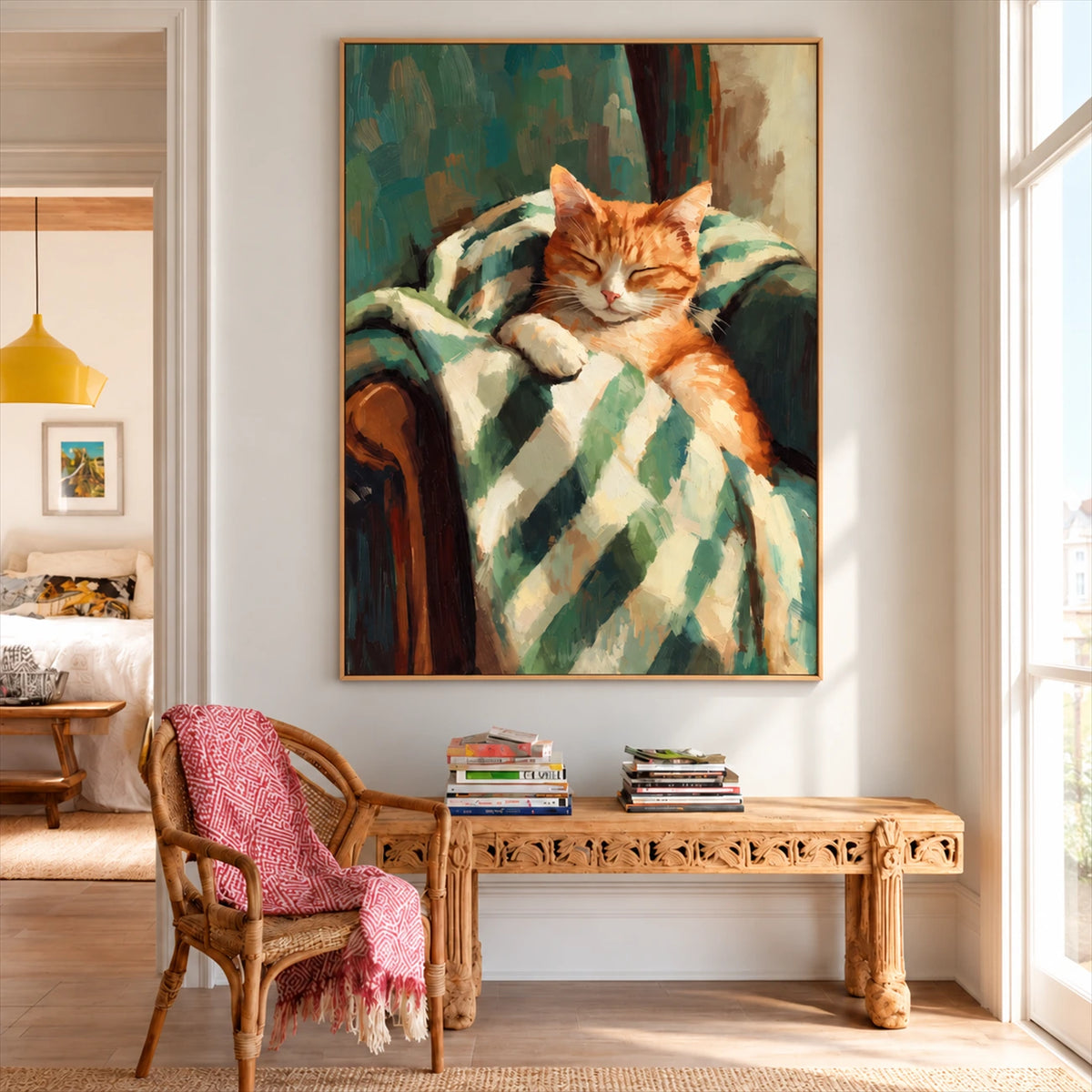 Gingham Nap artwork displayed above a carved wood bench beside a wicker chair.