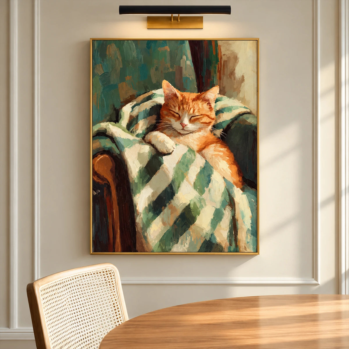 Gingham Nap artwork displayed beside a dining table beneath a picture light.