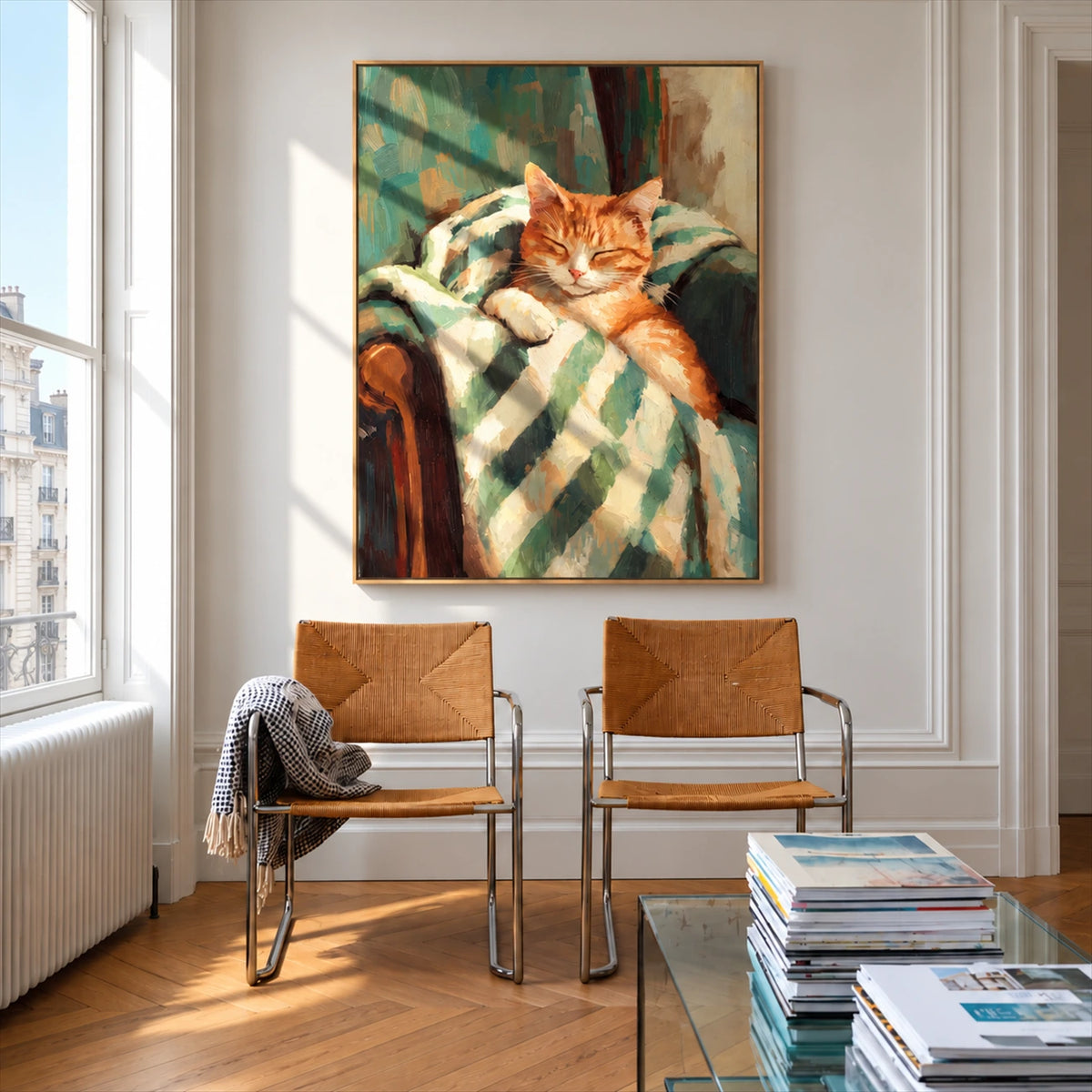 Gingham Nap artwork displayed above two chairs beside a tall window.