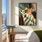 Gingham Nap artwork displayed beside a bed and a small round side table.