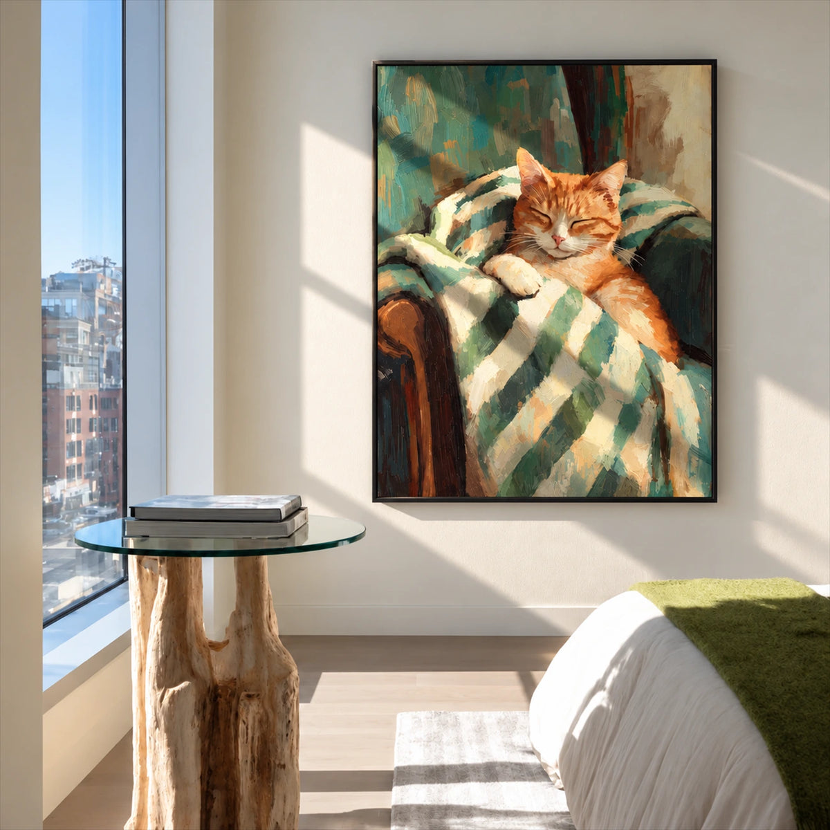 Gingham Nap artwork displayed beside a bed and a small round side table.