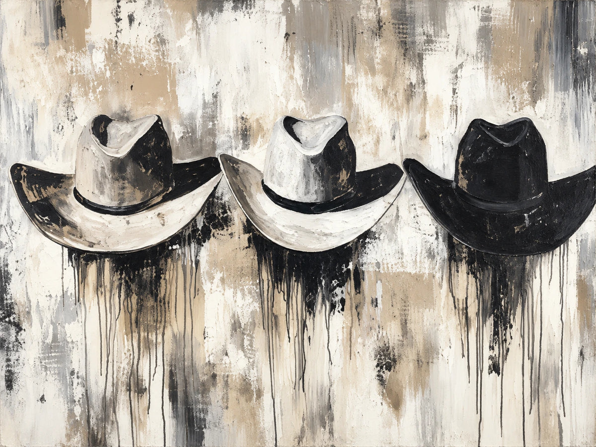 Weathered Brims full artwork. Three cowboy hats sit against a weathered ivory and charcoal backdrop.