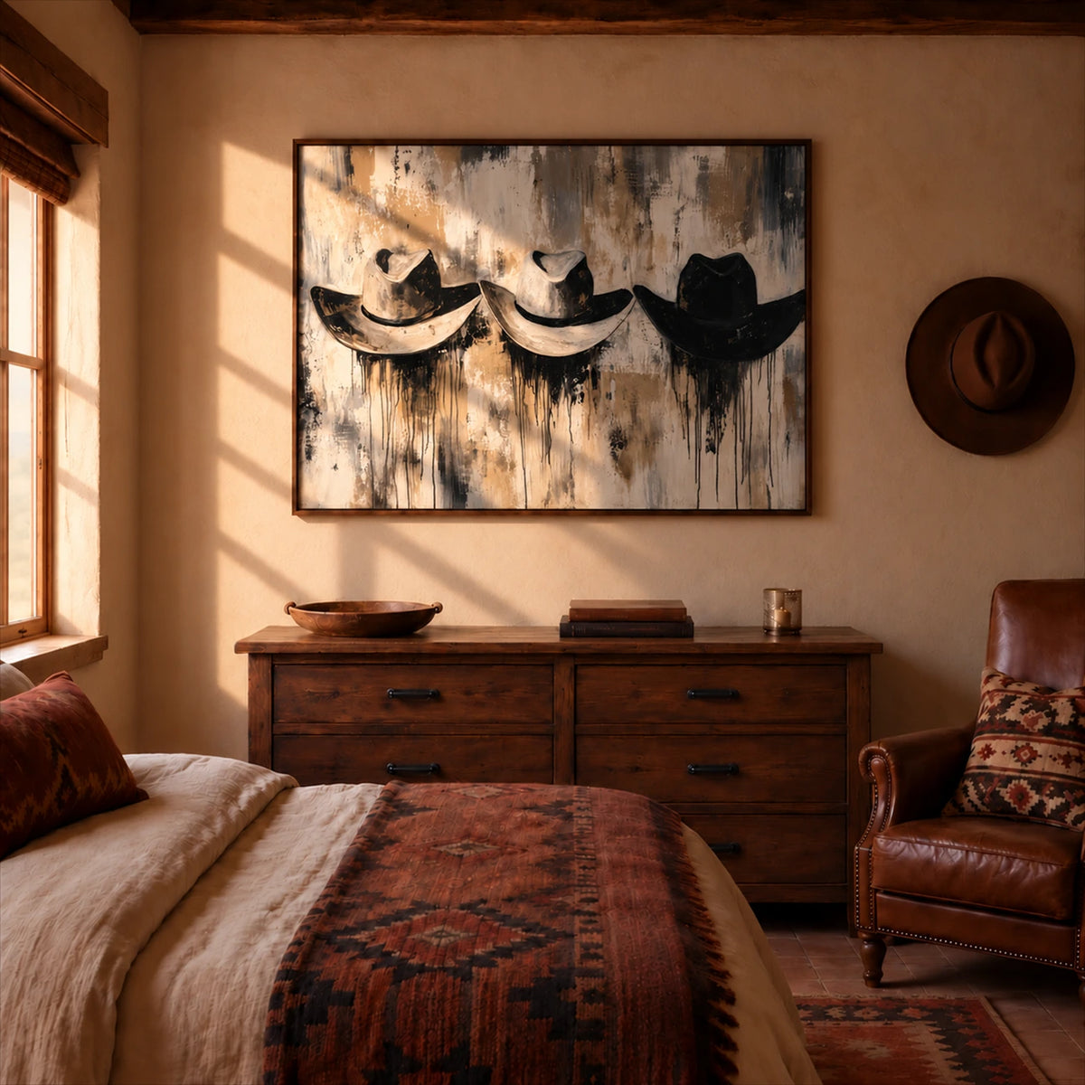 Weathered Brims artwork displayed above a rustic bedroom dresser.