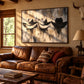 Weathered Brims artwork displayed above a brown leather sofa.