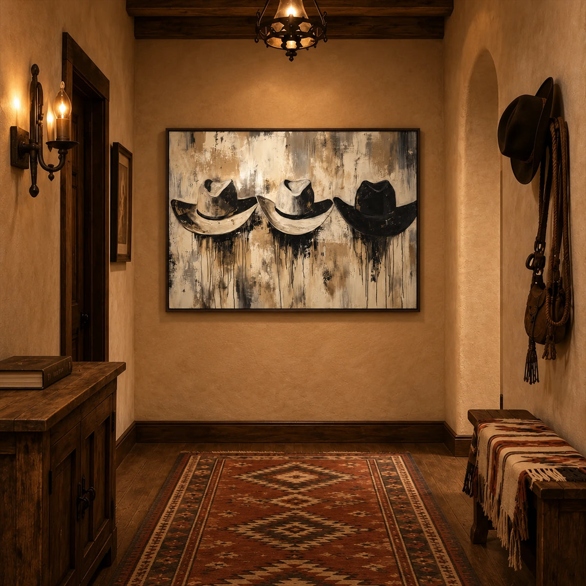 Weathered Brims artwork displayed on a rustic hallway wall.