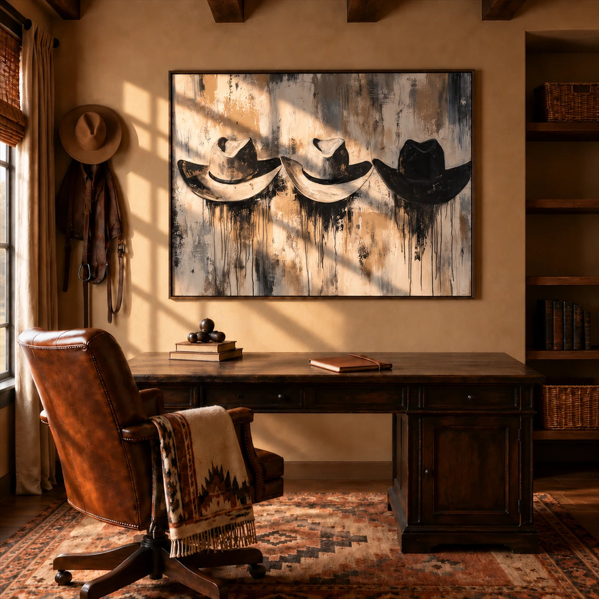 Weathered Brims artwork displayed above a wood desk beside a bookcase.