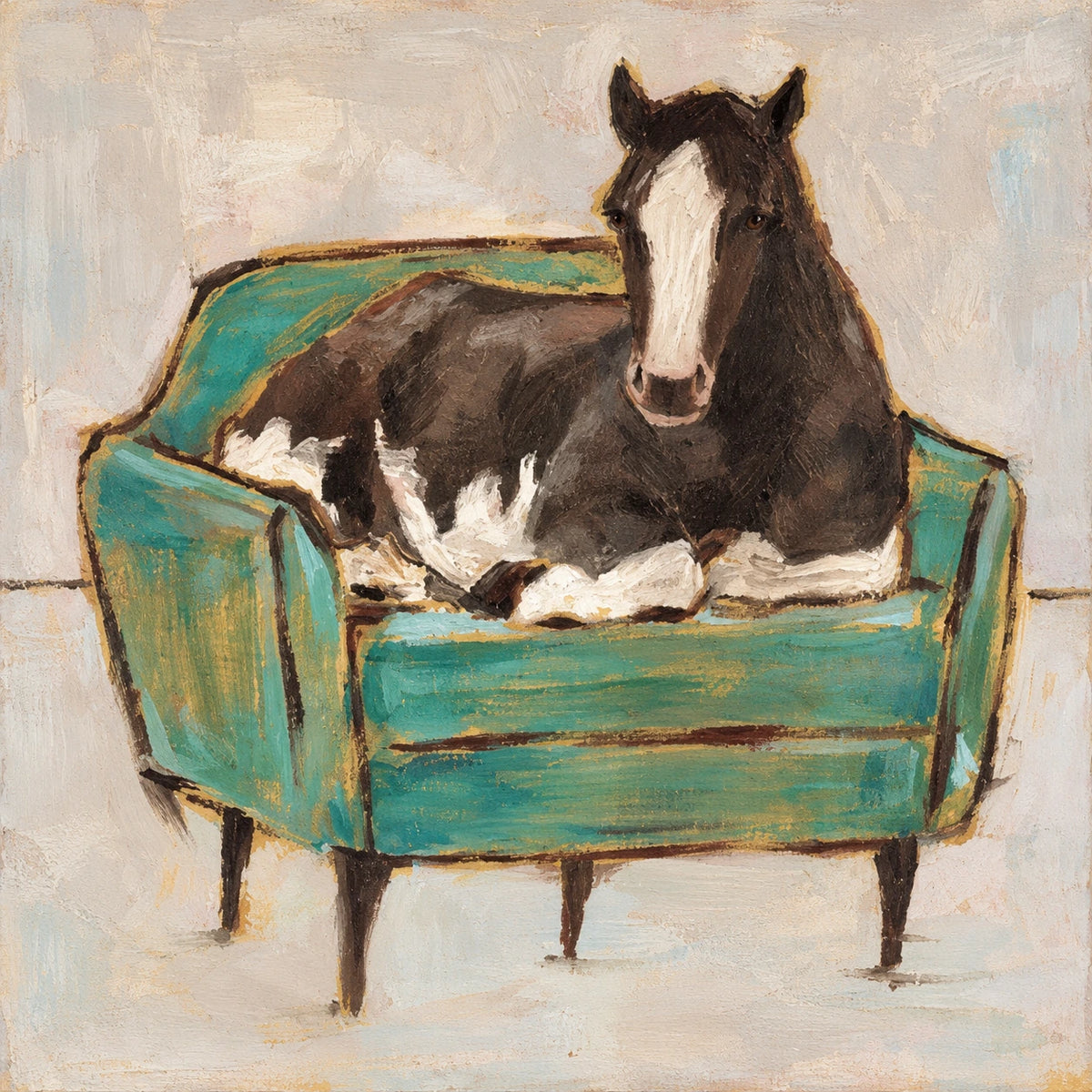Armchair Steed full artwork. A black and white horse reclines in a turquoise armchair against a warm ivory background.