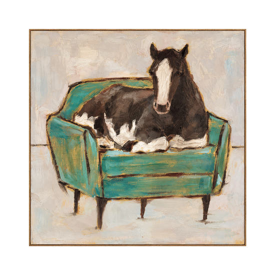 Armchair Steed artwork in a natural wood frame on a transparent background.