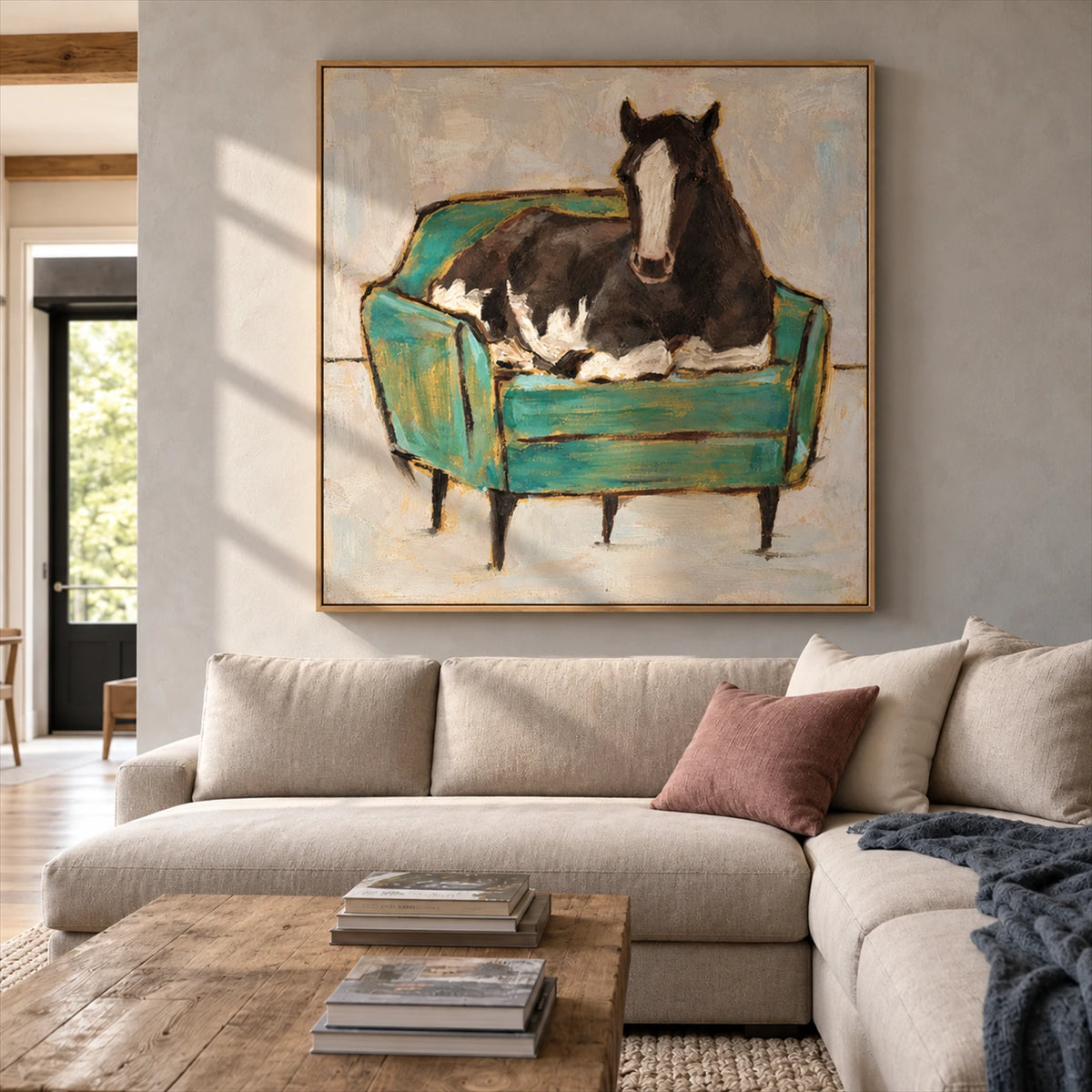 Armchair Steed artwork displayed above a cream sofa.
