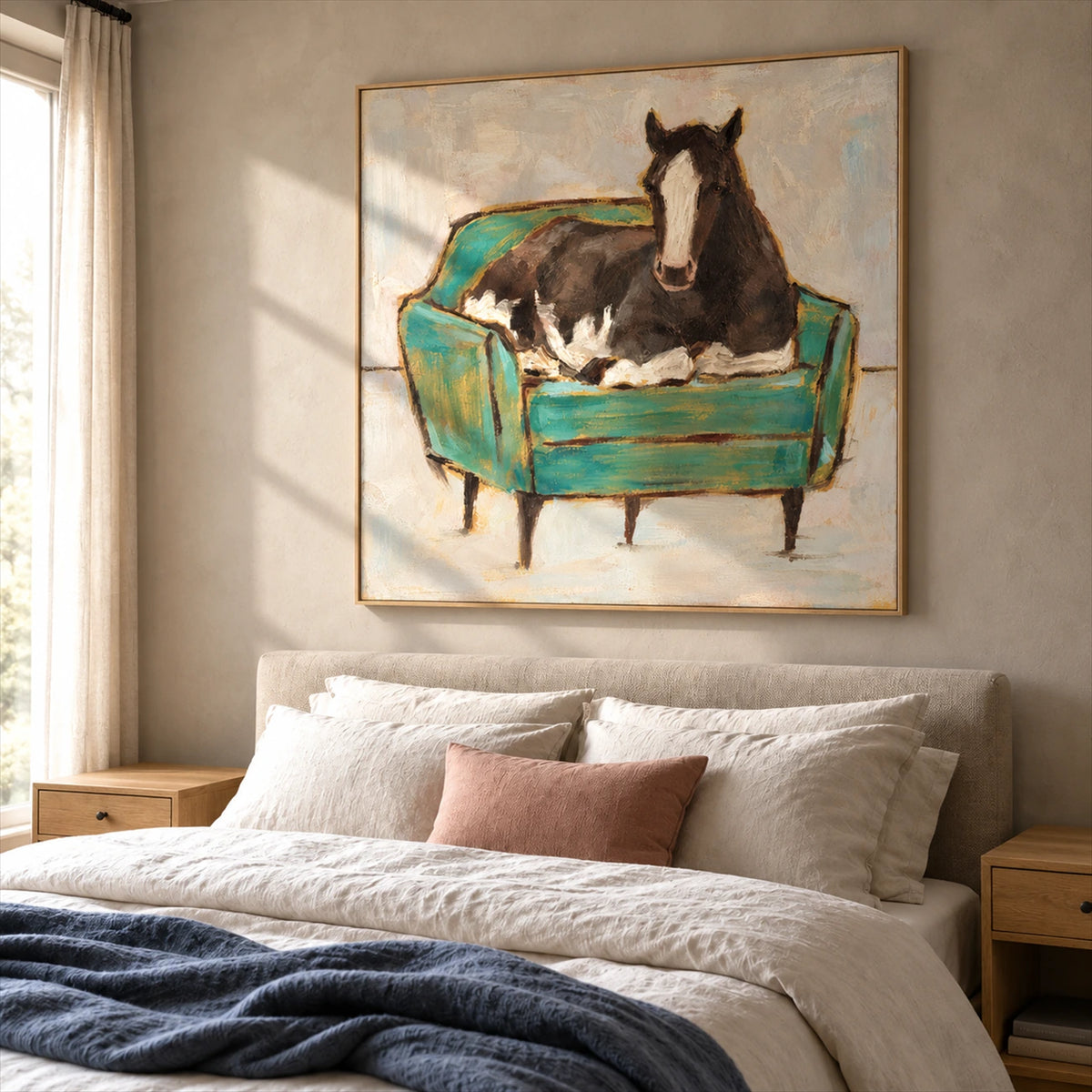 Armchair Steed artwork displayed above a bed.