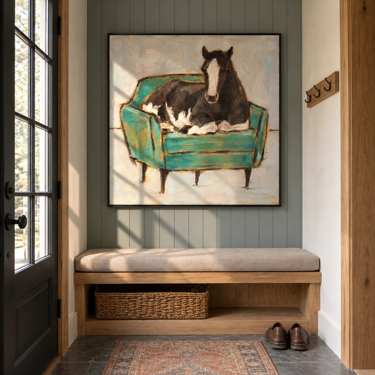 Armchair Steed artwork displayed above a cushioned entry bench.