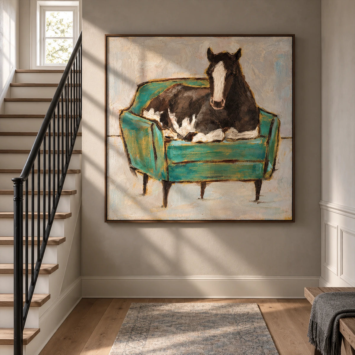 Armchair Steed artwork displayed beside a staircase.