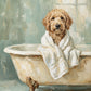 Bathrobe Companion full artwork. A scruffy golden dog sits in a clawfoot bathtub wearing a white bathrobe.