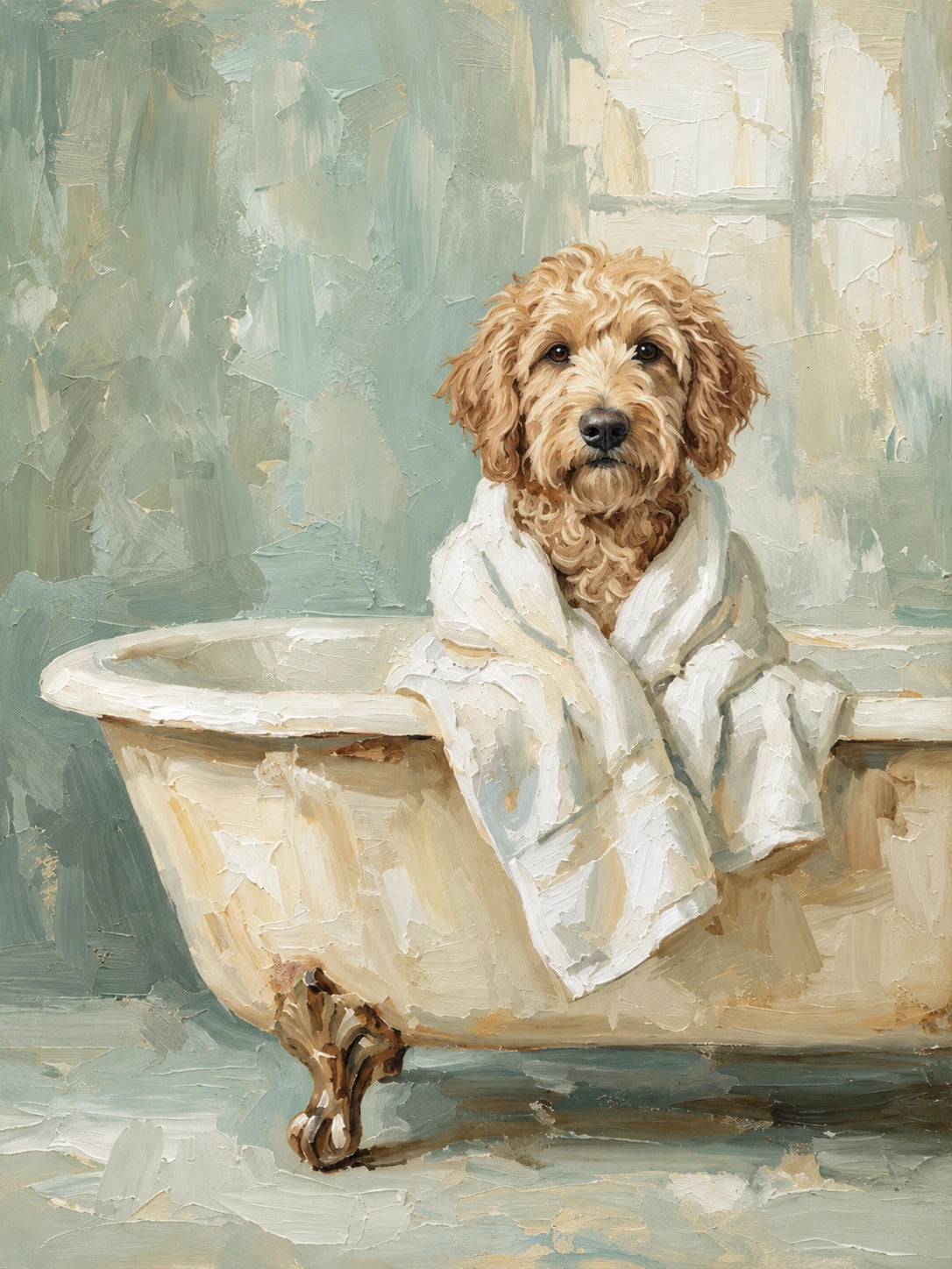 Bathrobe Companion full artwork. A scruffy golden dog sits in a clawfoot bathtub wearing a white bathrobe.