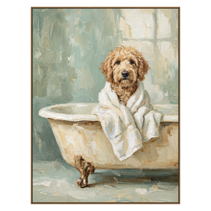 Bathrobe Companion artwork in a natural wood frame on a transparent background.